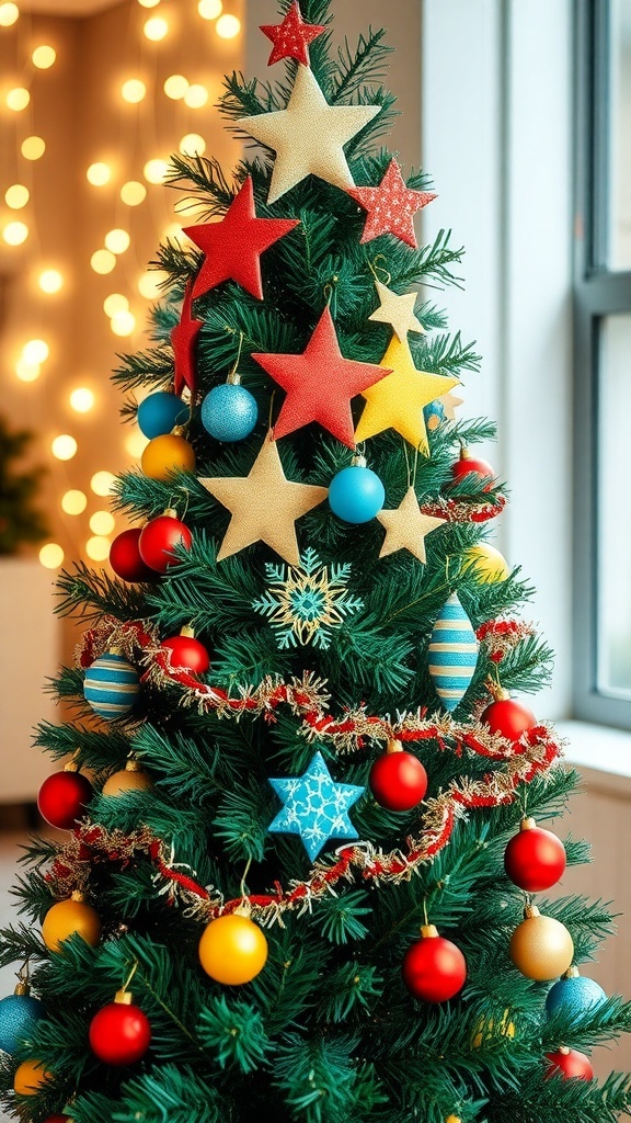 Christmas Tree Decoration Template Colorful Christmas tree decorations made from a printable template, displayed on a decorated tree with fairy lights.